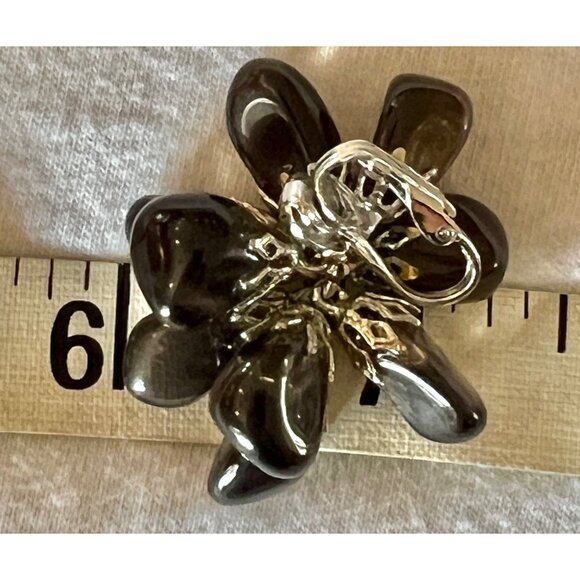 Obsidian Flower Clip-On Cluster Earrings vintage Dark Brown - Picture 4 of 5